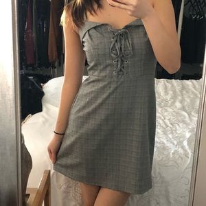 Grey Gingham Plaid Lace Up Dress